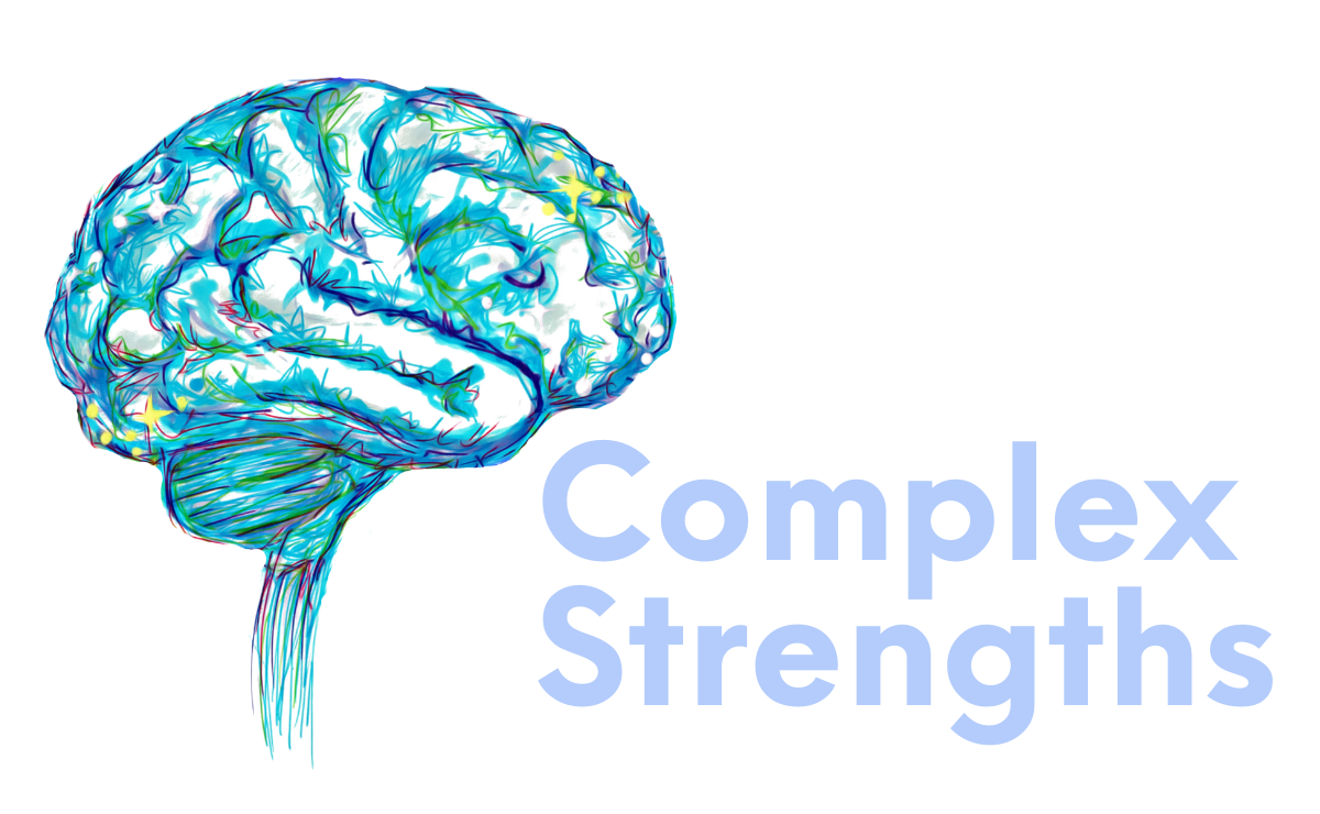 The Complex Strengths Blue Brain logo, a turquoise blue brain in profile, appears to the left of pale blue text which reads: Complex Strengths.